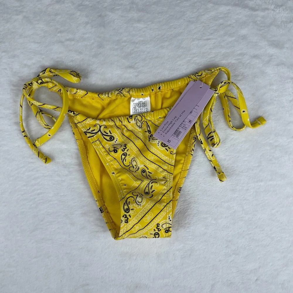 Wild Fable Bikini Bottom Womens 2XS Yellow Bandana Print Side-Tie Extra High Leg